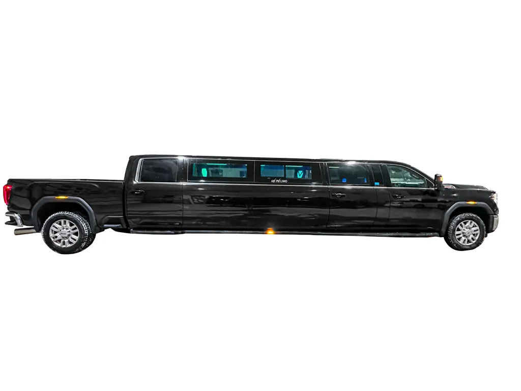 image of 16 passenger GMC Sierra stretched limousine exterior passenger side