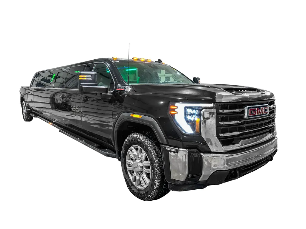 image of 16 passenger GMC Sierra stretched limousine exterior front passenger side