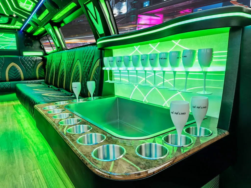 image of 16 passenger GMC Sierra stretched limousine wet bar