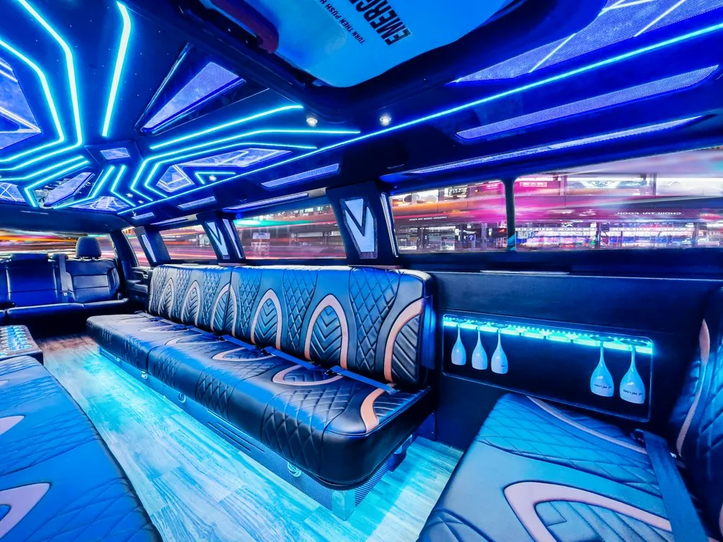 image of 16 passenger GMC Sierra stretched limousine interior view from front bench seat
