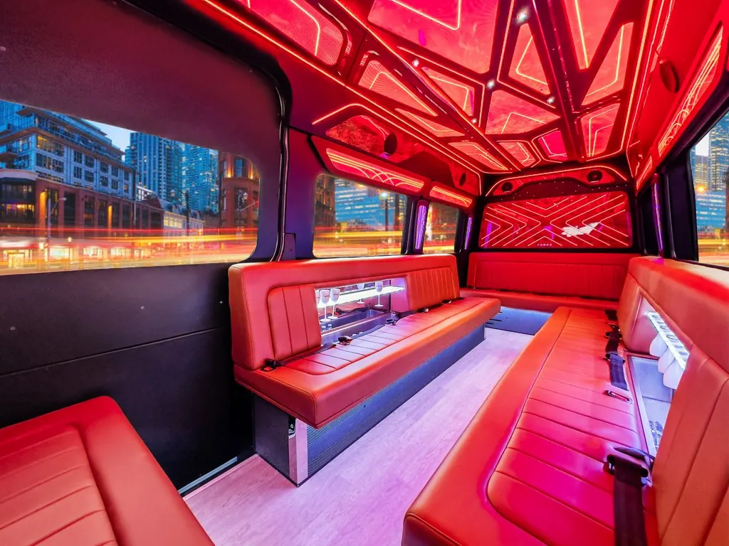 image of 20 passenger party bus interior taken from the front