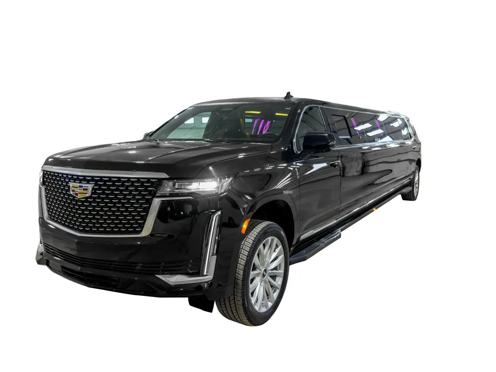 image of 20 passenger Cadillac Escalade stretched limousine exterior front driver side