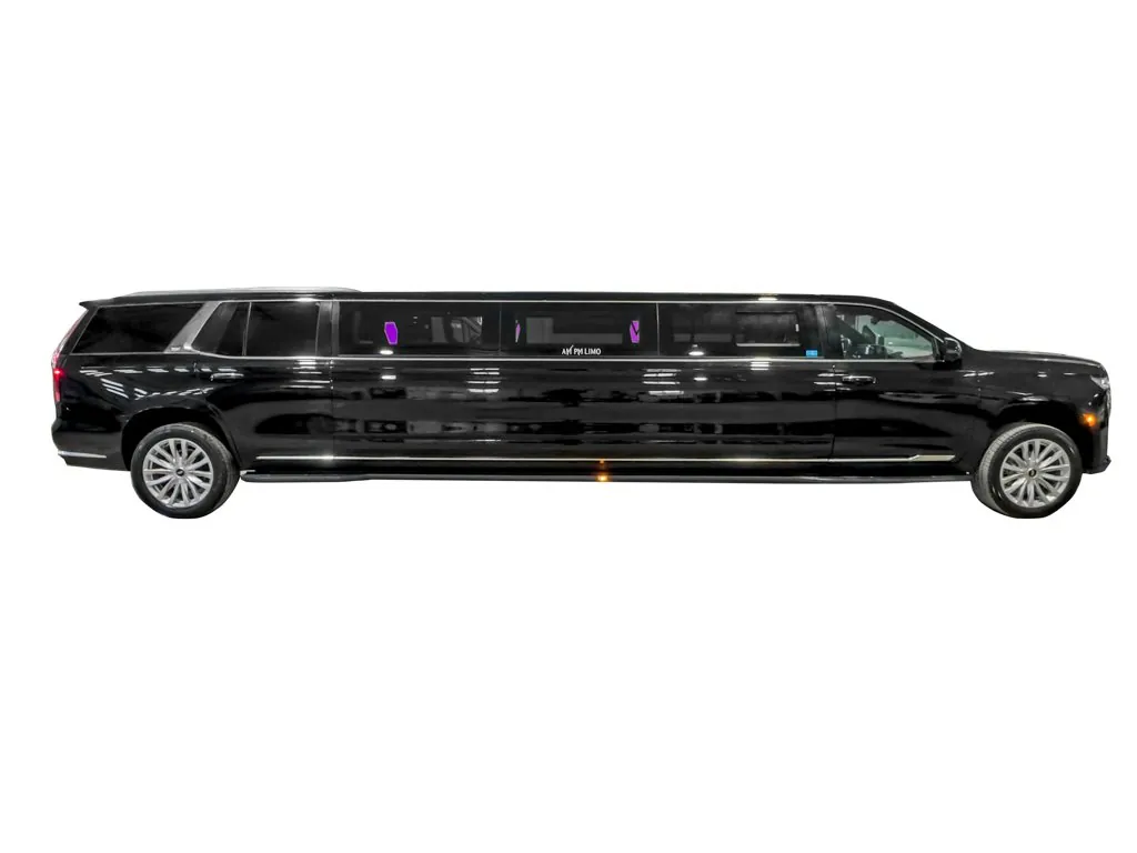 image of 20 passenger Cadillac Escalade stretched limousine exterior passenger side