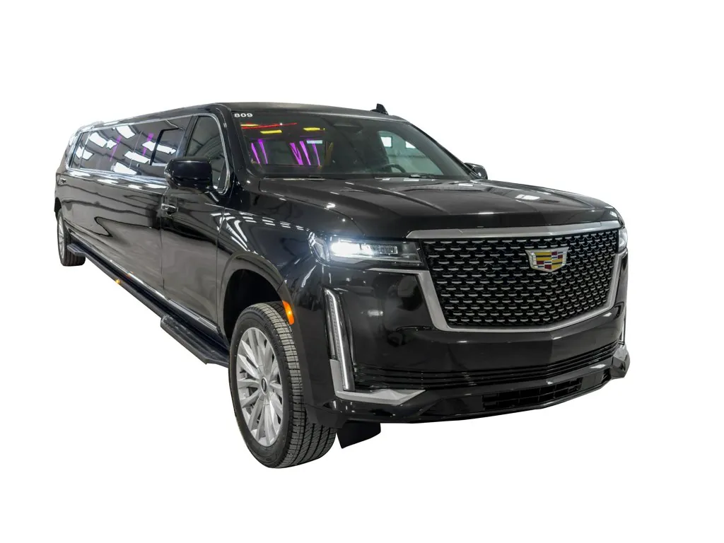 image of 20 passenger Cadillac Escalade stretched limousine exterior front passenger side