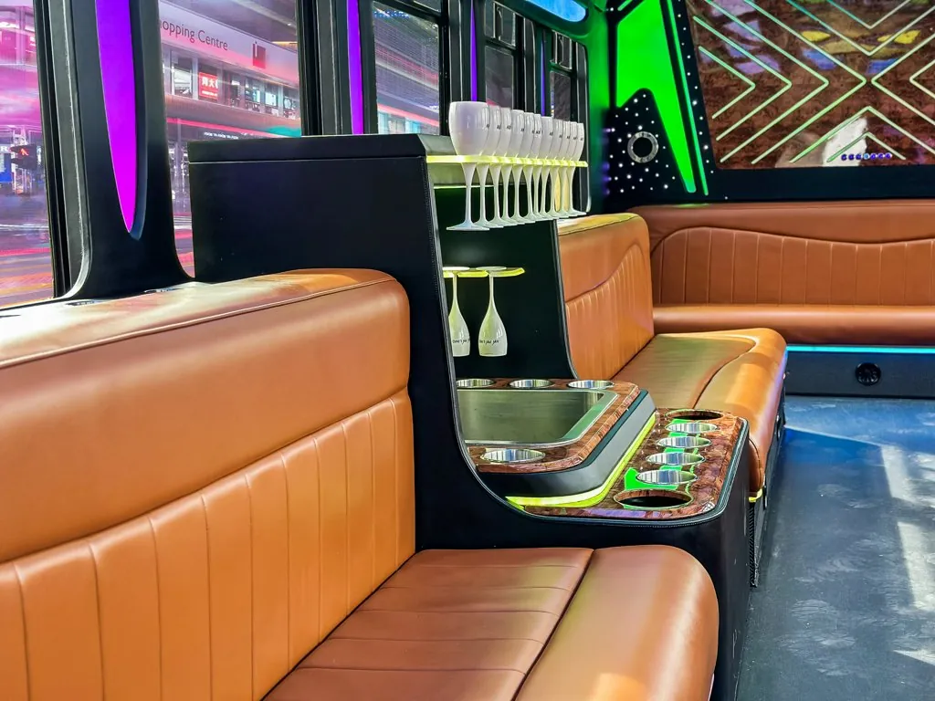 image of 28 passenger Party Bus interior taken from middle of front passenger side bench seat